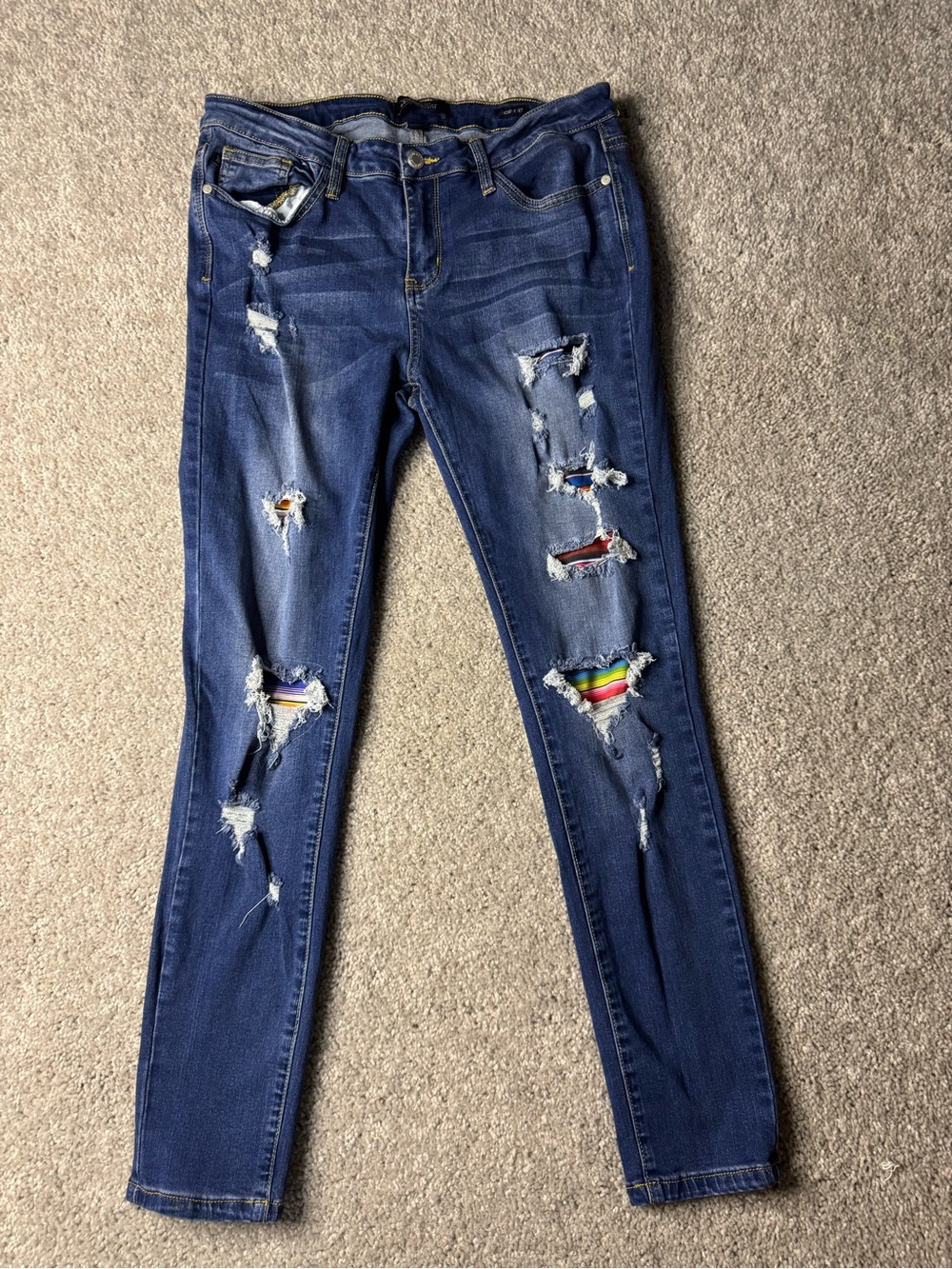 Judy Blue Dark Blue Ripped Skinny Jeans with Rainbow Patch Inserts